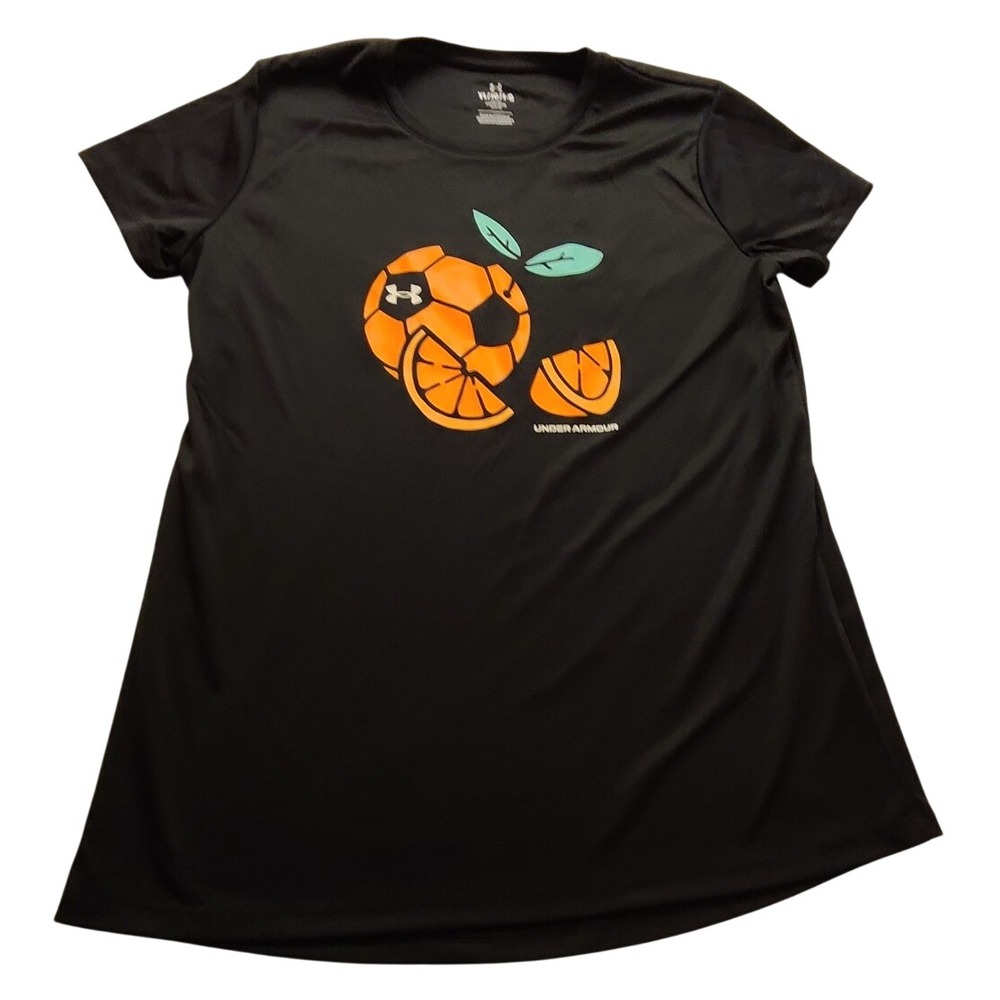 Under Armour Girls Black Soccer Orange Graphic Tee Shirt Youth YL Loose NWOT L